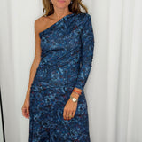 VESTIDO MALHA SEDA ASSIMÉTRICO AZUL ESTAMPADO