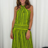CONJUNTO TOP E SAIA RISCAS VERDE E AZUL