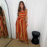 VESTIDO RISCAS CAQUI E CEREJA
