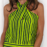 CONJUNTO TOP E SAIA RISCAS VERDE E AZUL