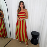 VESTIDO RISCAS CAQUI E CEREJA