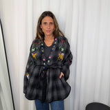 KIMONO XADREZ CINZA BORDADOS