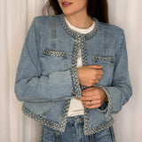 CASACO AZUL JEANS COM ENTRANÇADO