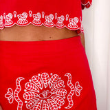 CONJUNTO TOP E SAIA VERMELHO COM BORDADOS