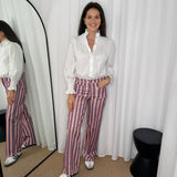 CALÇAS RISCAS LILÁS E CORAL