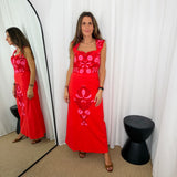 CONJUNTO TOP E SAIA VERMELHO BORDADOS