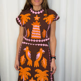 CONJUNTO TOP E SAIA CASTANHO COM BORDADOS