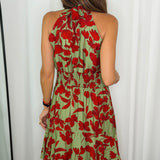 VESTIDO HALTER FOLHOS VERDE FLORES