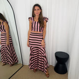 CONJUNTO TOP E SAIA RISCAS CASTANHO E ROSA