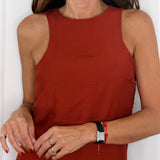 VESTIDO TELHA FOLHOS DEBRUM CASTANHO