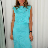 CONJUNTO TOP E SAIA TURQUESA