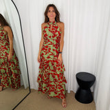 VESTIDO HALTER FOLHOS VERDE FLORES