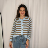 CARDIGAN RISCAS AZUL E CAMEL
