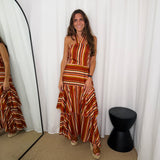 VESTIDO HALTER COM FOLHOS RISCAS TELHA
