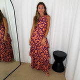 VESTIDO FOLHOS BERINGELA E SALMÃO