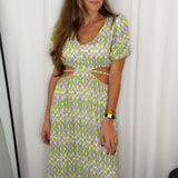VESTIDO FLORES LILÁS E VERDE