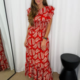 CONJUNTO TOP E SAIA FOLHAS VERMELHO