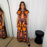 CONJUNTO TOP E SAIA CASTANHO COM BORDADOS