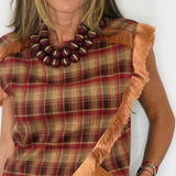 CONJUNTO BORDEAUX TÚNICA E CALÇAS ESCOCÊS COM FRANJAS