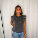T-SHIRT CINZA TACHAS DOURADAS