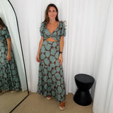 VESTIDO CASTANHO FOLHAS TURQUESA