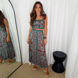 CONJUNTO TOP E SAIA BORDEAUX E TURQUESA