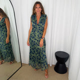 VESTIDO VERDE FOLHAS AZUIS