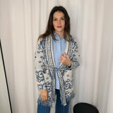 KIMONO MALHA BRANCO E AZUL FRANJAS
