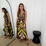 CONJUNTO TOP E SAIA CASTANHO