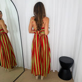 VESTIDO RISCAS CAQUI E CEREJA
