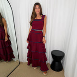 CONJUNTO TOP E SAIA BORDEAUX FOLHOS COM VIVO
