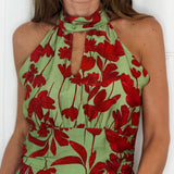 VESTIDO HALTER FOLHOS VERDE FLORES