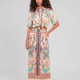 CONJUNTO CAMISA E SAIA FLUIDO ESTAMPADO